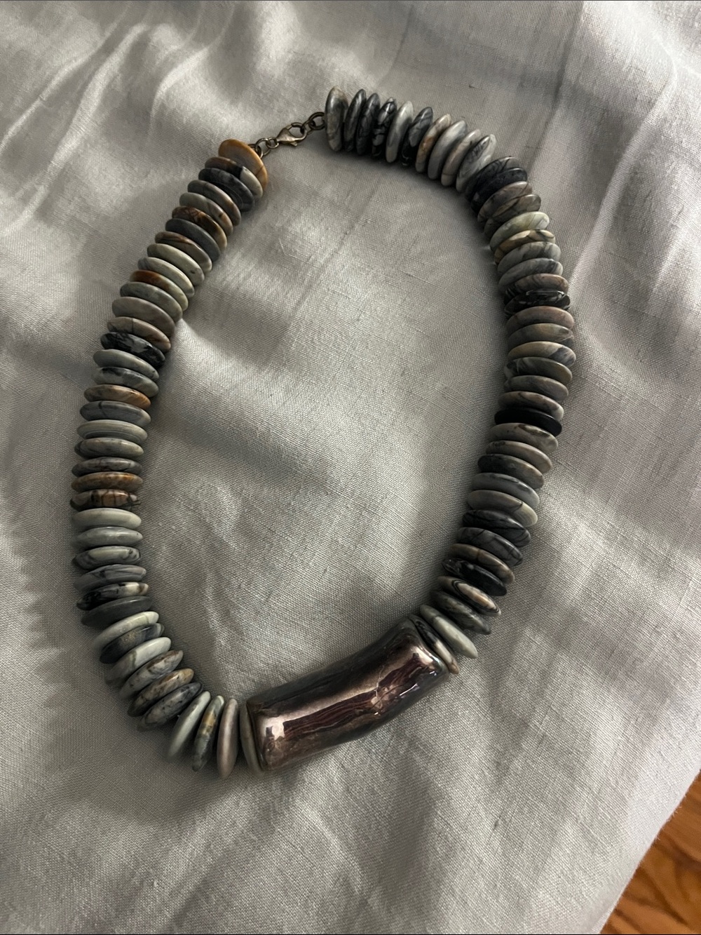 Handcrafted Gray Stone Bead Necklace with Silver Accent
